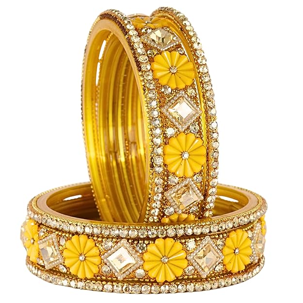 ZULKA Stylish Glass Designer Bangle Set for Women & Girls with Flower Beads & Shiny Zircon Stone Work | Fancy Glass Bangles for Wedding | Chudi For Gift, Party, Festival & Special Occasions - Set Of 6