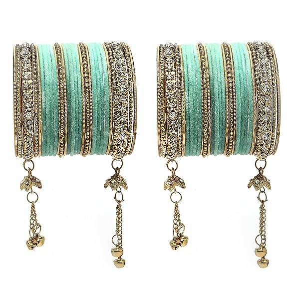 ZENEME Gold-Plated Matte Finish Velvet American Diamond Studded Gold Pearl Tasselled Bangles Set Of 56 For Girls and Women