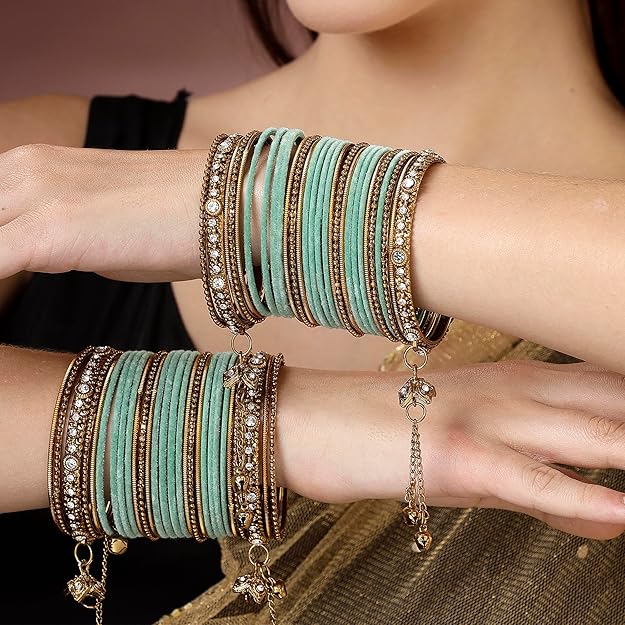 ZENEME Gold-Plated Matte Finish Velvet American Diamond Studded Gold Pearl Tasselled Bangles Set Of 56 For Girls and Women Alternate View