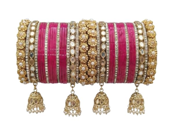 AYUSHI & CO. Bridal Chooda Bangle Set with Jhumka Latkan, Gold-Plated, Kundan Work, Traditional Chuda For Women & Girls,
