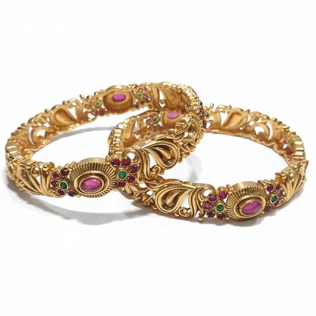 Antique Gold Finish Temple Style Bangles with Pink & Green Stones | Traditional Bridal & Festive Use Bangles for Women