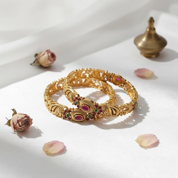 Antique Gold Finish Temple Style Bangles with Pink & Green Stones | Traditional Bridal & Festive Use Bangles for Women Alternate View