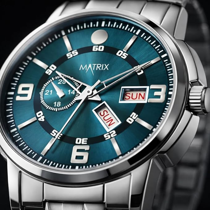 Matrix Black, Blue, White Dial, Day & Date Functioning, Stainless Steel Strap Analog Watch for Men & Women Alternate View