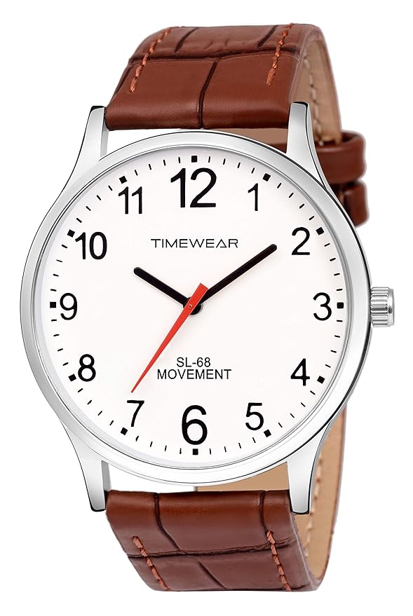 TIMEWEAR Men's Analog Number Dial Brown Leather Strap Watch Alternate View