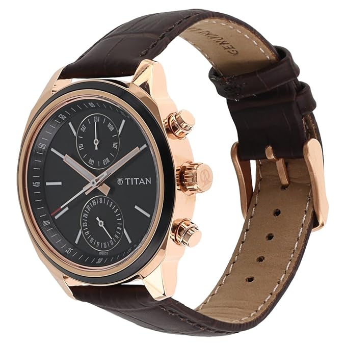 Titan Workwear Quartz Multifunction Black Dial Brown Leather Strap Watch for Men - NT1733KL03 Alternate View
