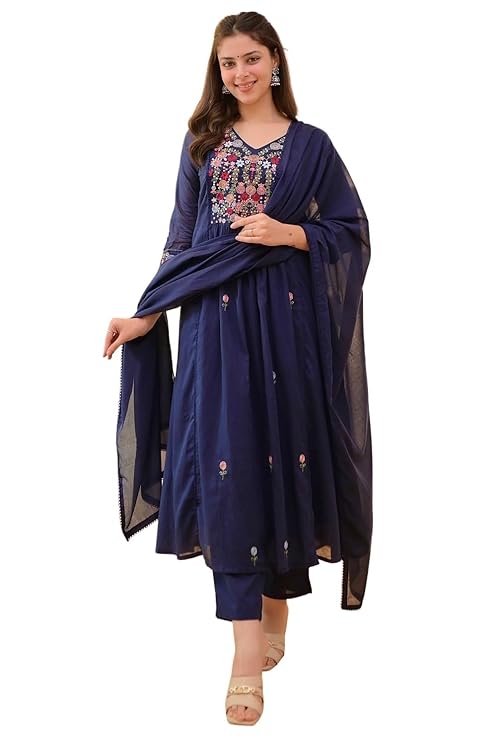 KLOSIA Women Embroidery Solid Anarkali Kurta and Pant Set with Dupatta