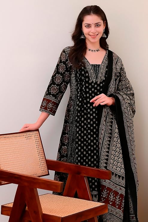 KLOSIA Women's Rayon Printed Anarkali Kurta and Pant with Dupatta Set Alternate View