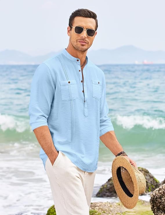 Macsivo Cotton Blend Solid Casual Short Kurta for Men Long Sleeve Mandarin Collar Stylish Shirt Kurta for Men Alternate View