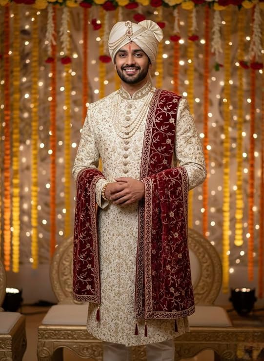 Men's Maroon Velvet Embroidered Sherwani Dupatta with Golden Zari Work, Traditional Wedding Stole Alternate View
