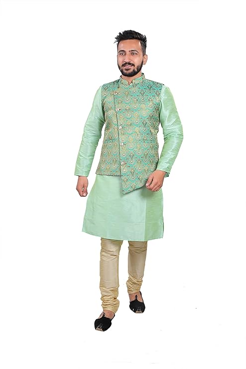 HUZUR Men's Silk Kurta Pyjama/Pajama with Red Single Print Red/Chiku Base Nehru Jacket Set