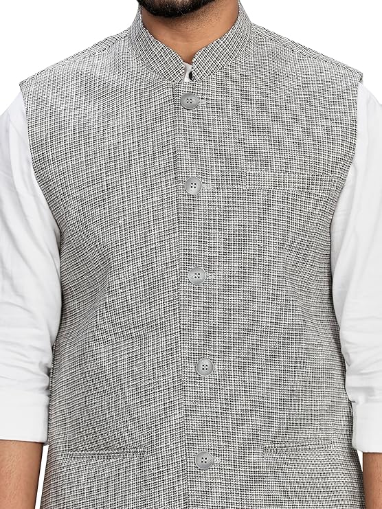 Authentics Classic Handcrafted Khaadi-Rich Textured Nehru Jacket, Regular Fit | Casual Ethnic Wear | Perfect For Any Occasion | Premium Satin Lining | 120 Gsm Fusing On Front & Back Alternate View