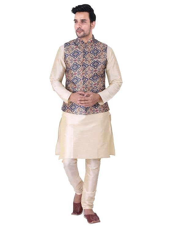 Sadree Silk Men's Kurta Pajama Waistcoat or Nehru Jacket Set