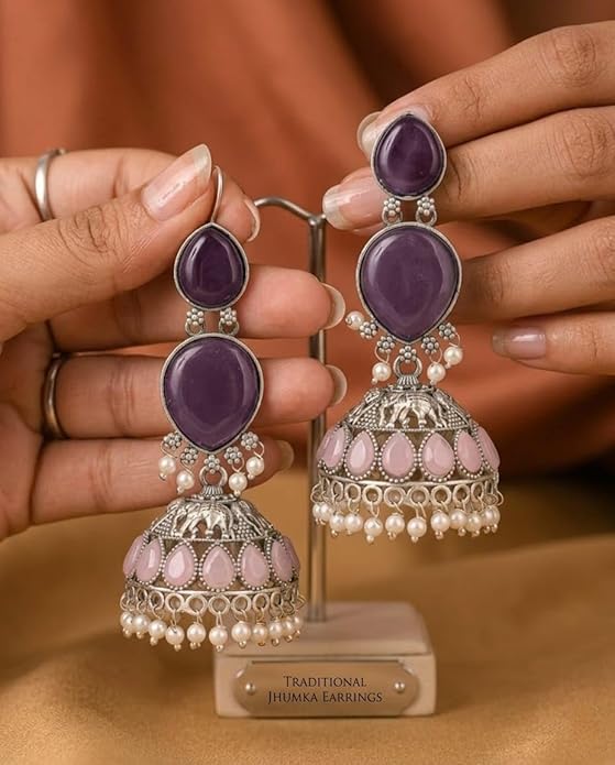 Oxidised Silver Jhumka Earrings with Purple Stones, Pink Teardrop Accents and Pearl Drops Alternate View