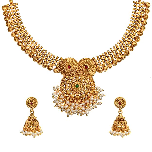 Shining Jewel - By Shivansh Traditional Handcrafted Antique Gold Jewellery Clustered Hanging Pearls Necklace Set With Jhumki Earrings For Women & Girls (Sjn_77)