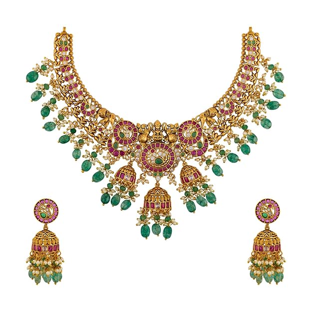 KUSHAL'S Fashion Jewellery Ruby-Green Gold Polished Copper Antique Necklace with Adjustable Chain, Best for Bridesmaid & Special Occasion-453944