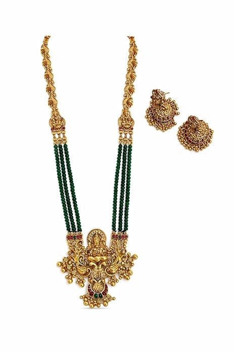 Temple Pendant Necklace Set for Women with Green Beads & Jhumka Earrings, Gold Plated Lakshmi Traditional Long Haram Jewellery Set, South Indian Wedding Bridal Jewellery