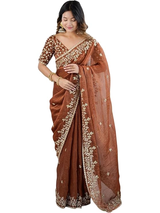 Women's Tissue Soft Silk Embroidered Saree With Unstitched Blouse