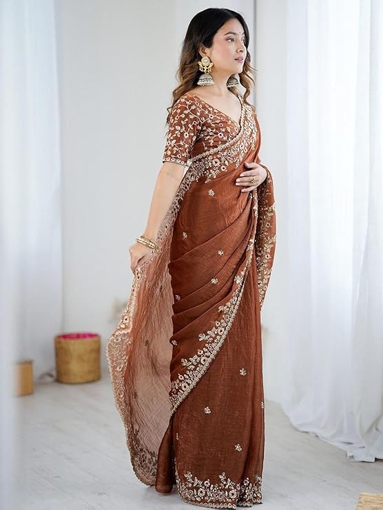Women's Tissue Soft Silk Embroidered Saree With Unstitched Blouse Alternate View