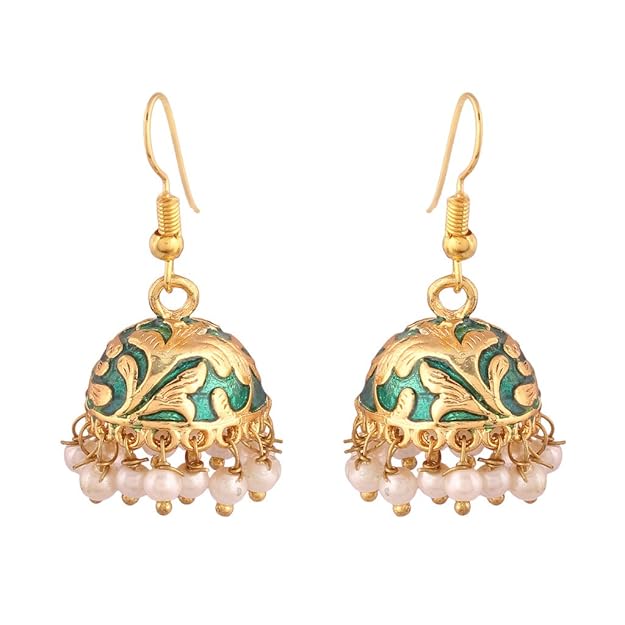 I Jewels 18K Gold Plated Traditional Handcrafted Meena Work Jhumka Earring Glided With Pearls For Women (E2547)