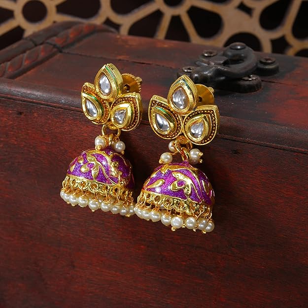 I Jewels 18k Gold Plated Meena Work Pearl Studded Jhumki Earring For Women (E2924) Alternate View