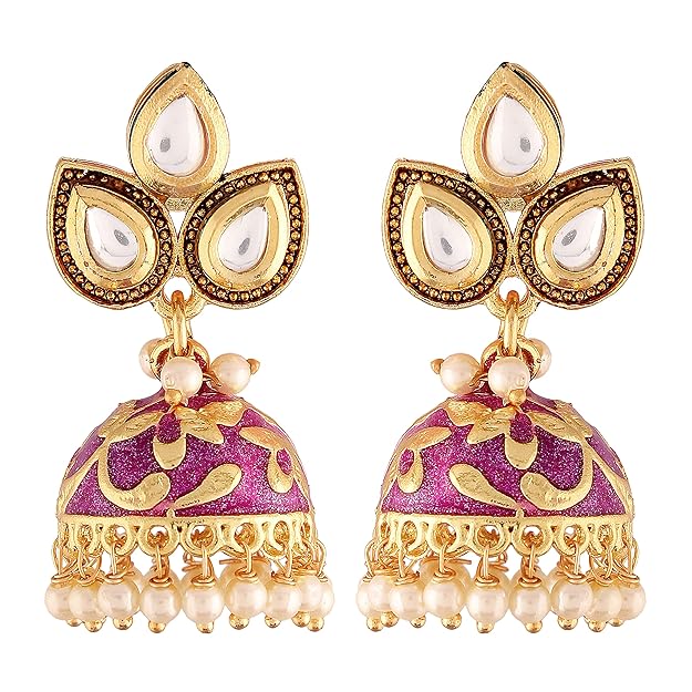 I Jewels 18k Gold Plated Meena Work Pearl Studded Jhumki Earring For Women (E2924)